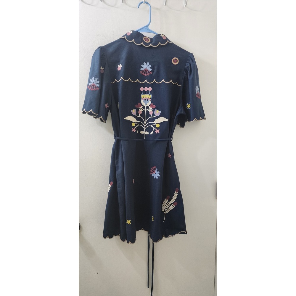 MABLE Navy Blue Embroidered‎ Scalloped Linen Blend Mini Shirt Dress MD4896A M - Picture 7 of 10